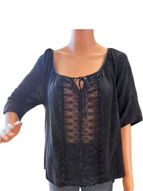Relaxed Black Crochet-Front Peasant Blouse